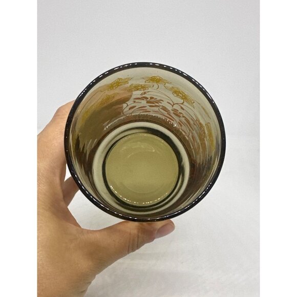 VTG 1970 Smoked Amber Floral Tumbler | MCM Flower Print Glass 6" Retro Drinkware - Picture 4 of 6